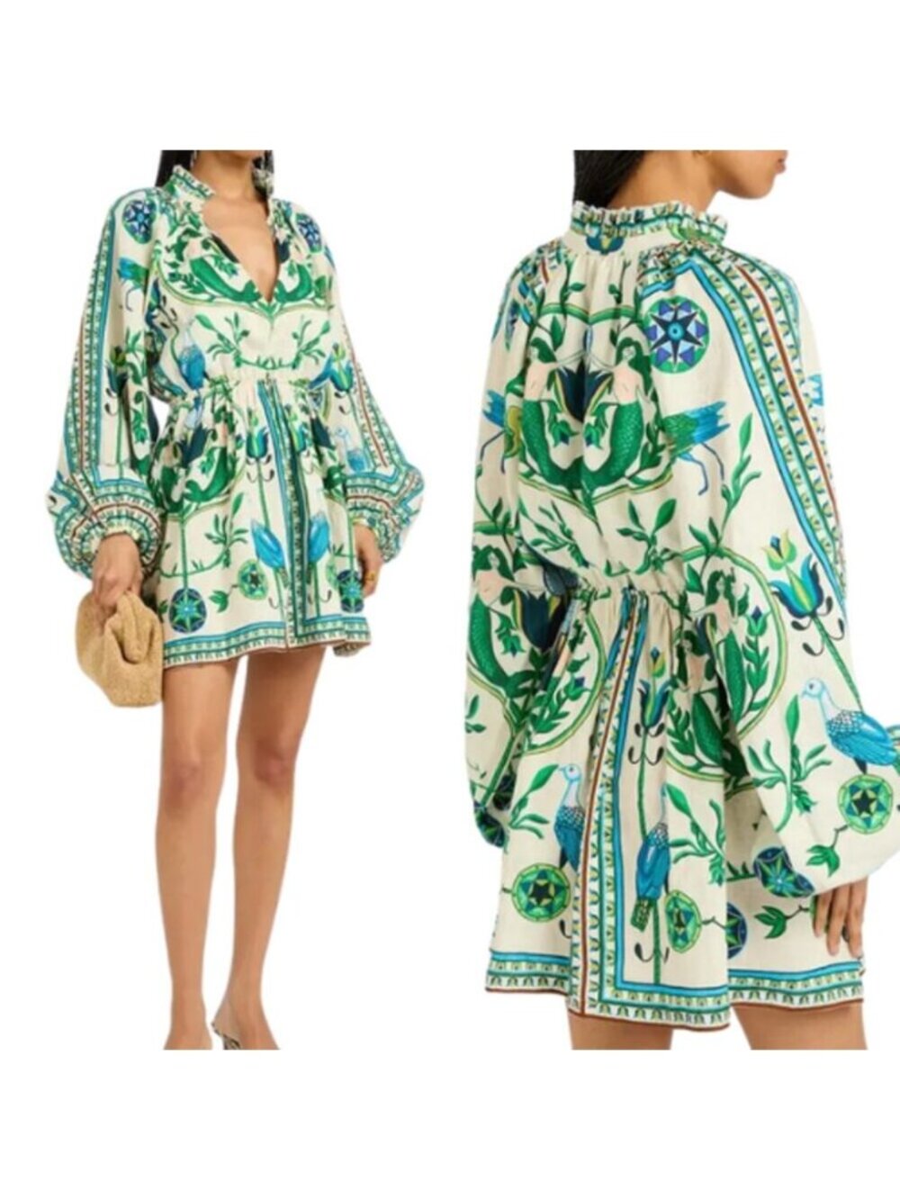 NWT Lug Von Siga Selene Printed Linen V Neck Mini Dress Off White Green Size: 8